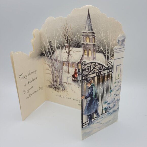 Vintage Christian Christmas Greeting Card Foldout Snow Churchyard Scene Made USA - Picture 1 of 8